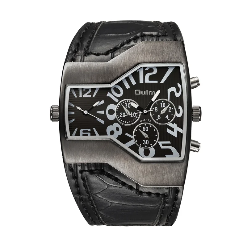 Oulm люксовый бренд Мужские часы с двумя часовыми поясами Кварцевые часы Широкий PU ремешок 6 цветов модные мужские наручные часы повседневные мужские часы - Цвет: Черный