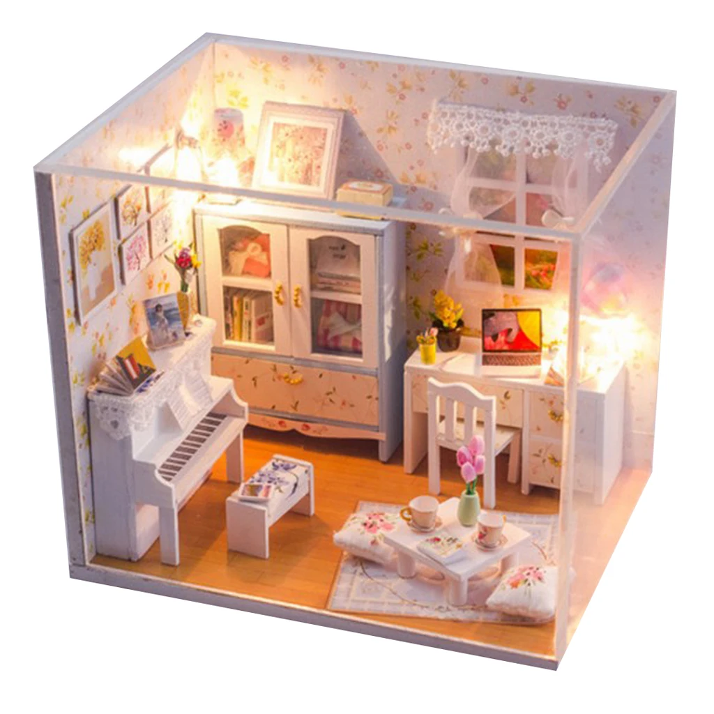 Cute DIY Wooden Dollhouse Miniature Apartment Room House Model LED Light Furniture Kits Birthday Wedding Gifts