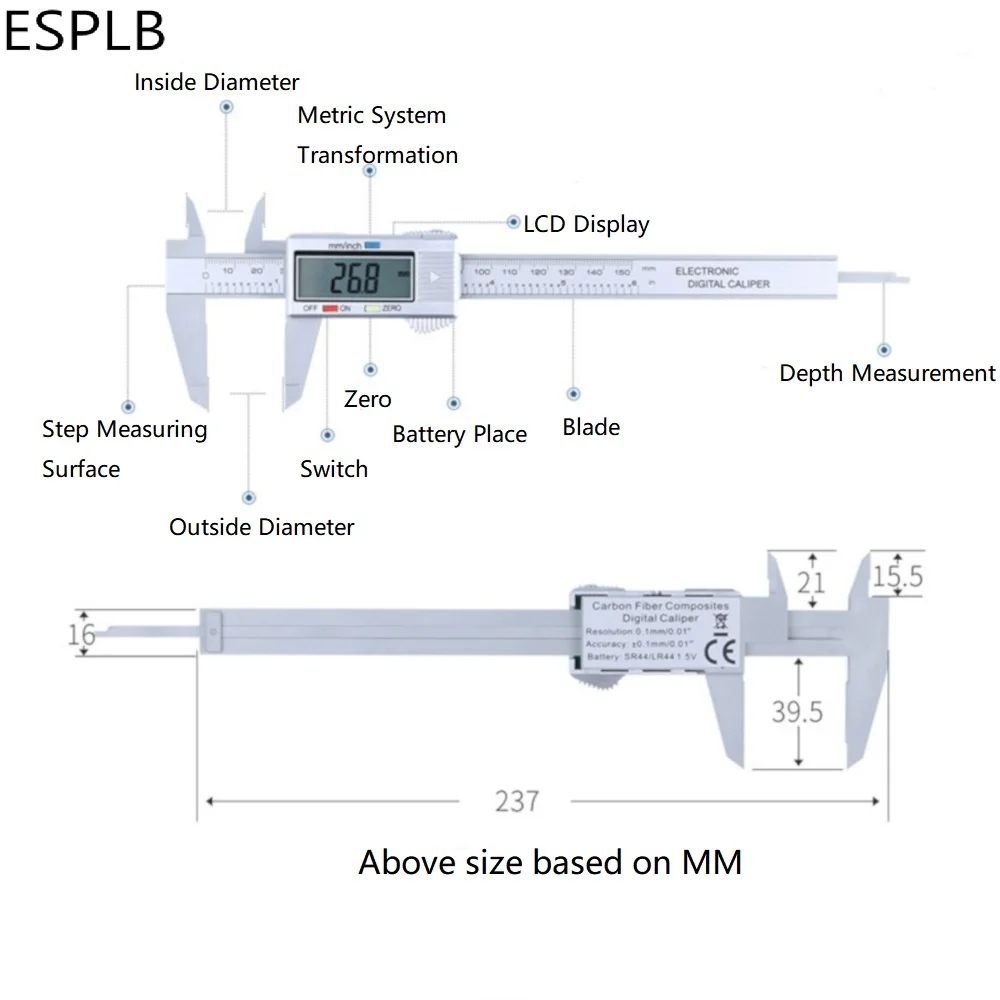 ESPLB 150 мм Пластиковый штангенциркуль 6 дюймов ЖК-экран электронный цифровой штангенциркуль углеродное волокно Миллиметровые конверсионные штангенциркули