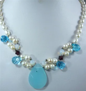 

Lady's charm white pearl& moonstone/blue gem bead necklace pendant