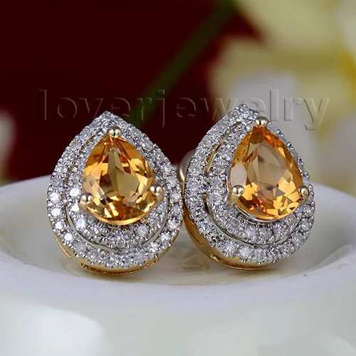 Hot Ing Vintage 2 71ct Natural Diamond Pear Cut Citrine Earrings Hot Ing Vintage 2 71ct Natural Diamond Pear Cut Citrine Earrings Stud In Solid 14k