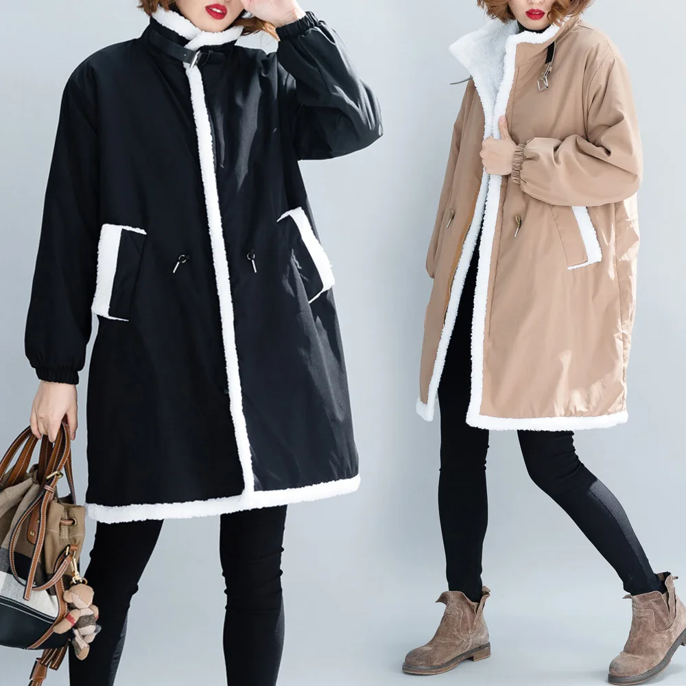 

2019 plus size fleece faux fur jacket coat women winter warm thick stand collar female casual long overcoat black/khaki color