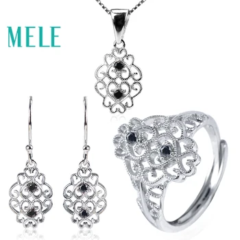 شراءMELE الطبيعية الأسود الإسبنيل 925 فضة مجموعات مجوهرات للنساء ، موضة النمط الكلاسيكي مع 1.8 مللي متر الأحجار الكريمة جديد