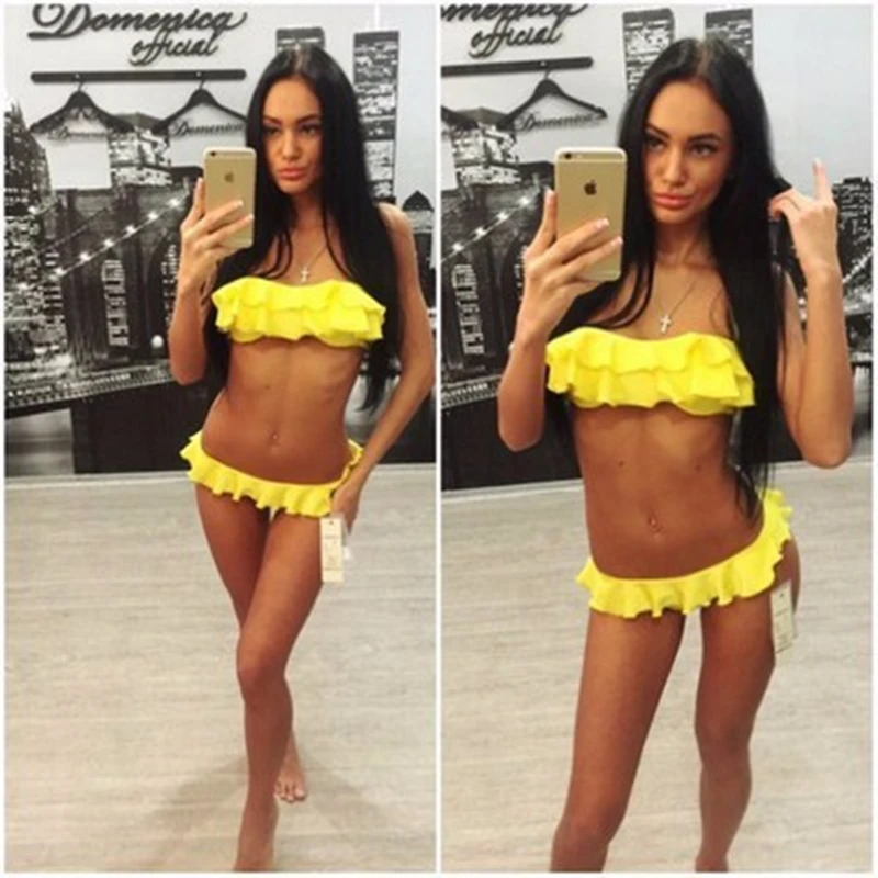 2017 Women Push Up Bikini Set Sexy Pleated Ruffle Biquini Brasileiro Bandeau Halter Swimsuits Female Flounced Low Waist Swimwear