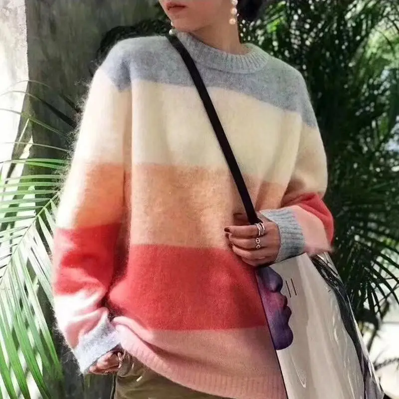

Women Mohair Candy Colorful Striped Pink Sweet Loose Pullover Sweater