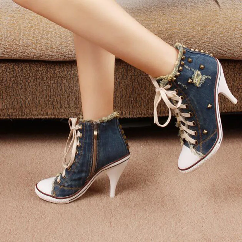 

Latest Denim Round Toe High Heel Lace Up Botas Mujer Rivets Embellished Cowboy Ankle Boots Hot Sale Party Dress Shoes Woman