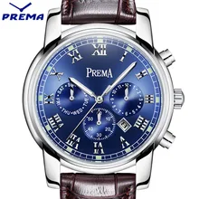 PREMA Men Watch Top Brand Luxury Quartz Watch Mens Sport Fashion Blue Analog Leather Strap Male Wristwatch New Waterproof Clock