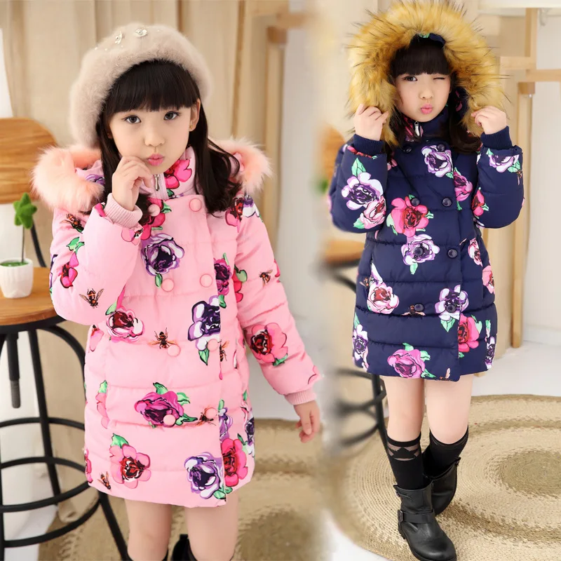 

Girls Winter Coat Children Cotton Padded Flowers Fur Collar Hooded Jackets Thicken Outwear Jackets Warm Coats Kids Girl Clothes