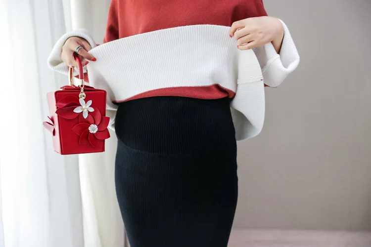 shorha Spring Autumn Korean Fashion Maternity Belly Skirts Woolen Knitted Stretch Skirts Bottom for Pregnant Women