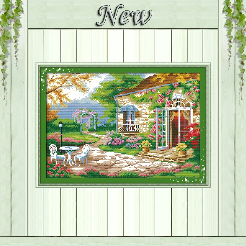 Beautiful Romantic Backyard Garden,11ct Printed On Canvas Cross Stitch