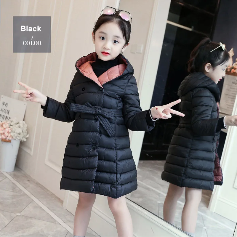 Г. Зимний пуховик для девочек Теплые Длинные куртки с капюшоном и длинными рукавами для девочек, верхняя одежда для детей пальто для девочек - Цвет: Черный