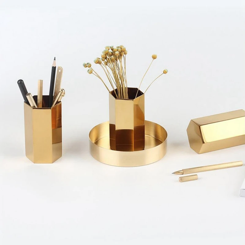 Золотая Цветочная ваза настольная подставка для ручек контейнер для хранения для домашнего офиса-шестигранник-роскошный металлический держатель для ручек