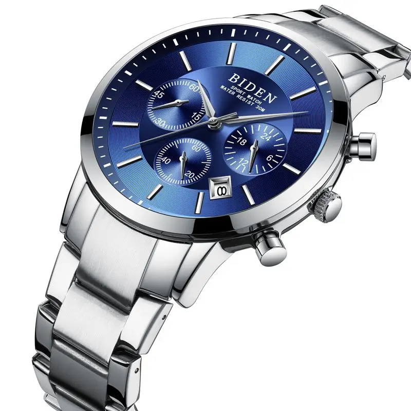 

Fashion BIDEN Brand Men Sport Watches Male Silver Stainless Multifunctional Quartz Wristwatch Men Calendar Waterproof Clock Gift