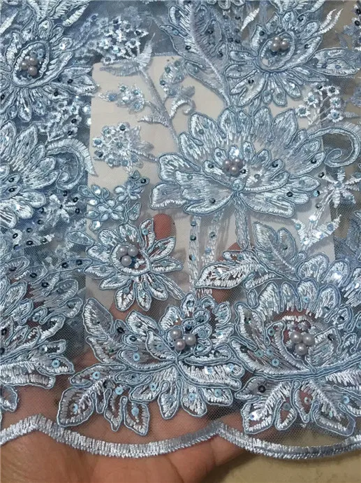 

Blue Color African Lace Fabric 2018 Embroidered Nigerian Beaded Laces Fabric.High Quality French Tulle Lace Fabric For Women(CD0
