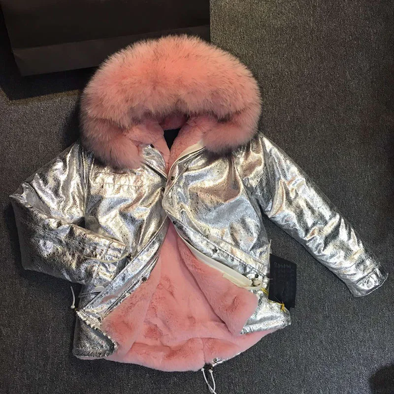 

2017 Winter Coat Jacket Boy Girl Woman Man Warm Outwear Large Raccoon Fur Collar Hooded Faux Fur Liner Silver parka for kids