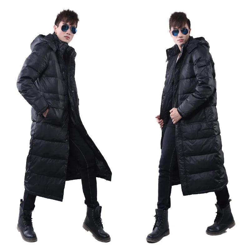 Winter Men's Thick 90%Duck Down Jacket Long Puffer Warm Coat Hooded Full Length Black Parkas