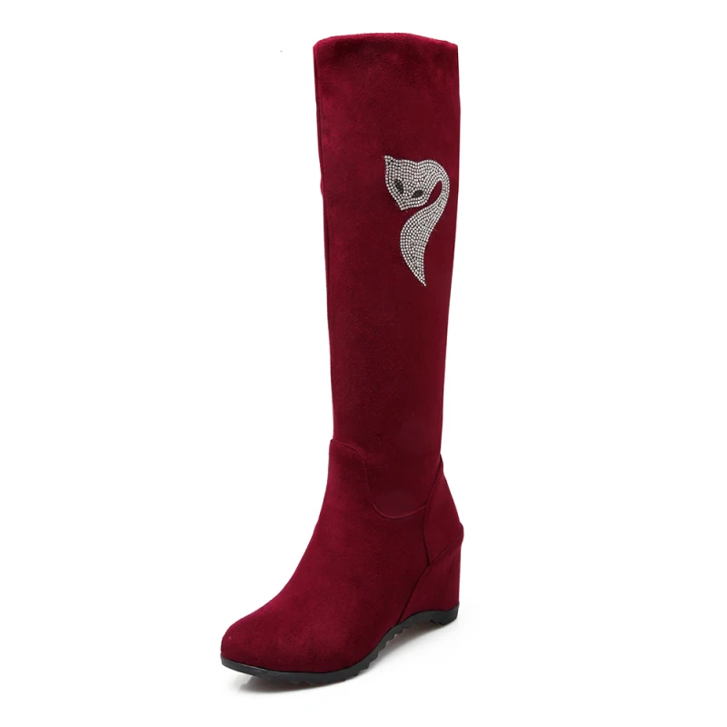 

New Arrival Stretch Fabric Slim Long Boots Women Autumn Winter Shoes Knee High Diamond Fox Wedges Boots Ladies Shoes Big Size