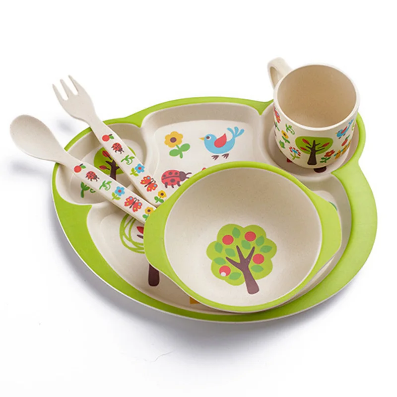 Pratos de Bambu Louça de Alimentação Recipiente de Alimentos Crianças Infantil Louça Garfo Colher Copo Criança Tigelas Utensílios T0525 15 Mamãe e Bebê