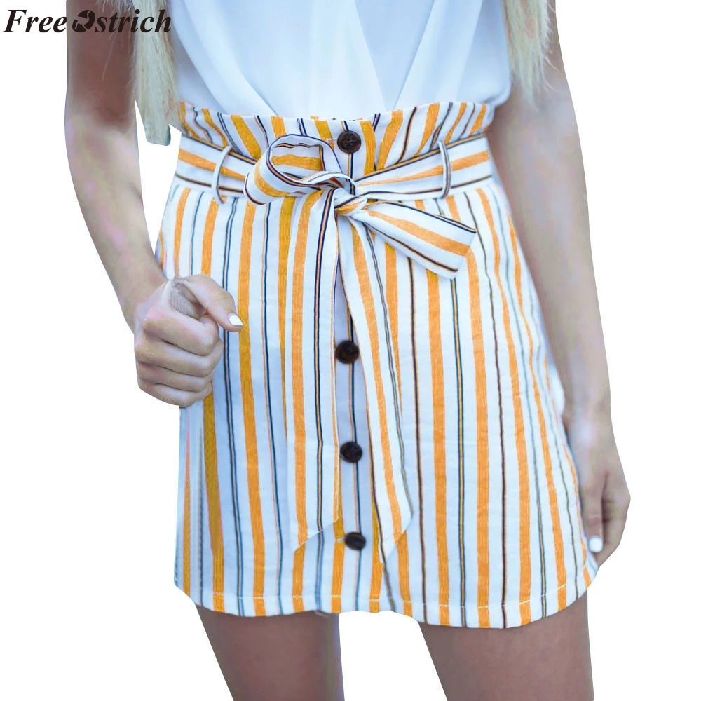 

FREE OSTRICH New Summer Women Mini Skirt lace up Button Bandage High Waisted Striped Wrap Short Skirt Dropshipping Skirts preppy