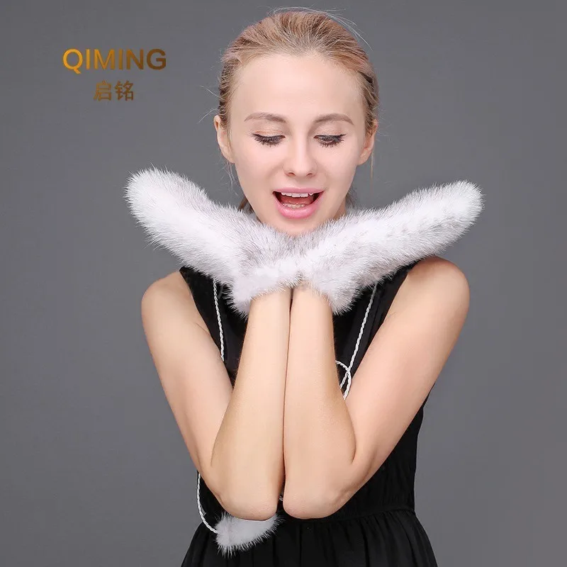 Mink Fur Orange Gloves Women Winter New Korean Version Of The Warm Cute Female Suede Weaving Fingers Fur Gloves