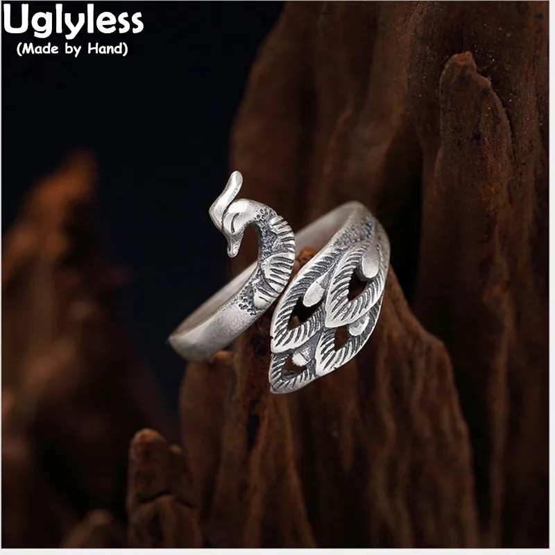 

Uglyless Real S 990 Fine Silver Jewelry Opening Handmade Engraved Peacock Rings Women Vintage Vulcanized Thai Silver Ring Bijoux