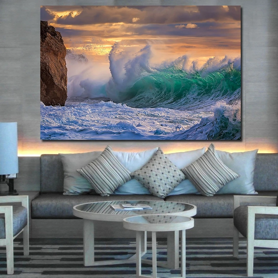 

Canvas Painting Bedroom Prints Seascape 1 Piece Ocean Wave Poster Wall Art Rough Seas Wave Rock Beach Pictures Home Decor Framed