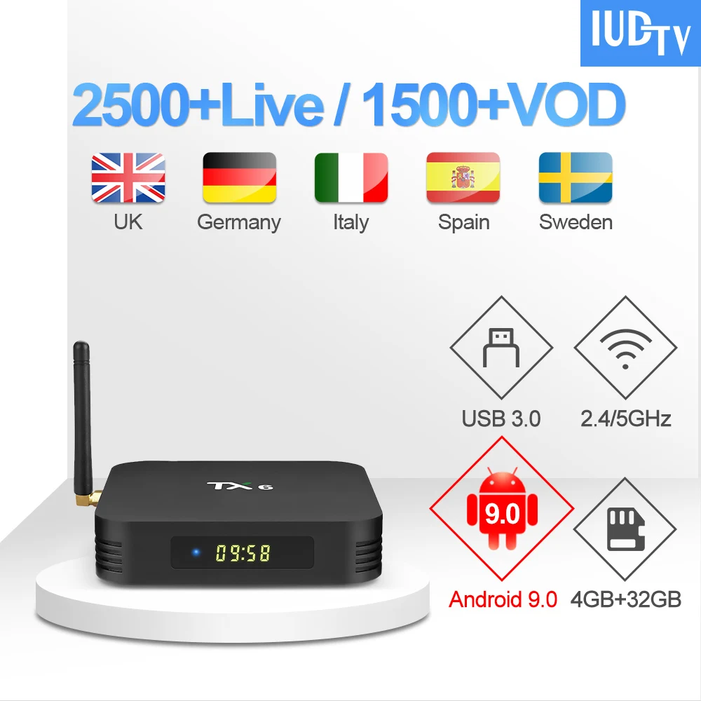 

TX6 UK Swedish IUDTV IPTV Subscription 4G 32G Android TV Box 1 Year IUDTV IPTV Turkish English Arabic Spanish Sweden IP TV