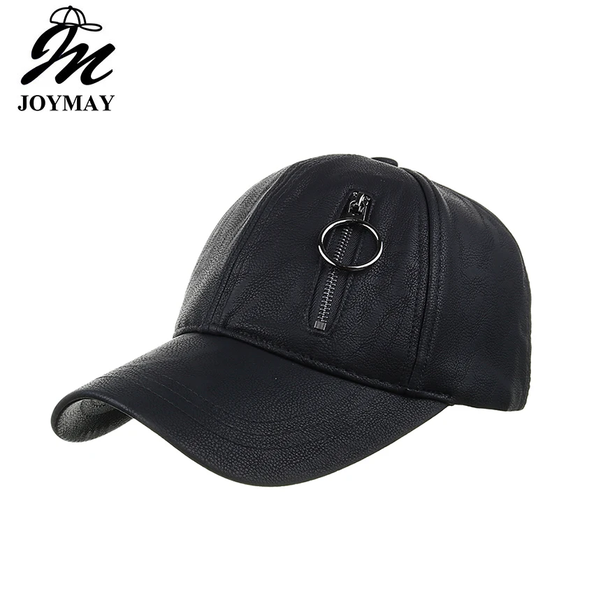 Joymay New Arrival Winter PU hat with zipper real pocket snapback