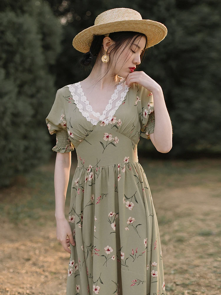 

2019 new fashion women's dresses French retro print dress waist slimming summer