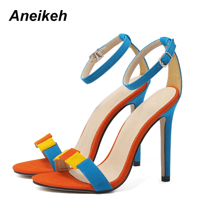 

Aneikeh 2019 Summer Fashion Stitching Contrast High Heel Sandals Sexy Pointed Open Toe Buckle With Shallow Stiletto Sandals NEW