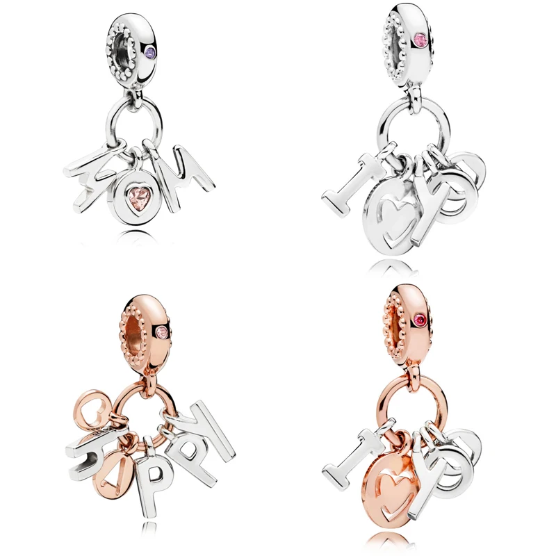 

2018 Spring New 100% 925 Silver MOM I LOVE YOU Happy HANGING CHARM Fit Original pandora Bracelet Necklace Pendant DIY Jewelry