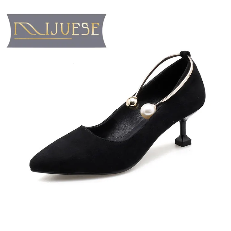 

MLJUESE 2018 women pumps Genuine leather pointed toe slip on Metal Decoration autumn spring high heels women size 34-43