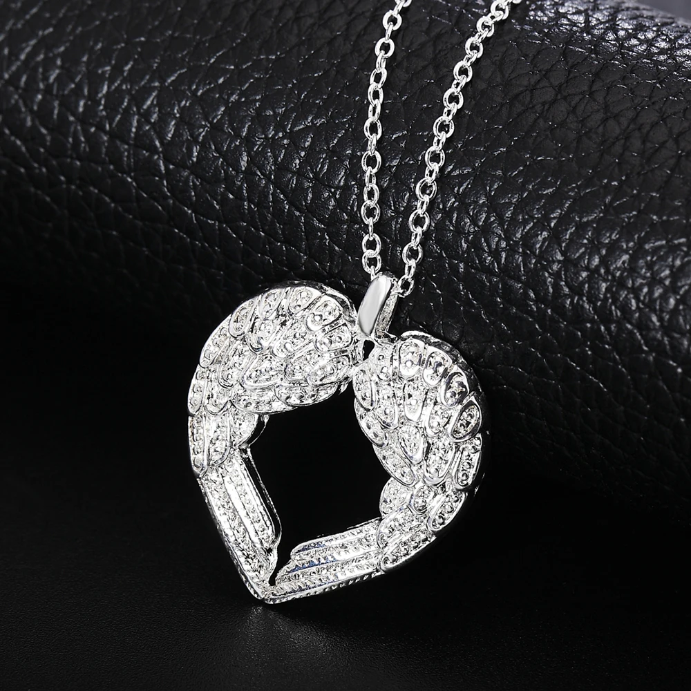 

Free shipping Popular Beautiful fashion silver color jewelry charm Angel wings heart pendant pretty Lady Necklace N357 Kinsle