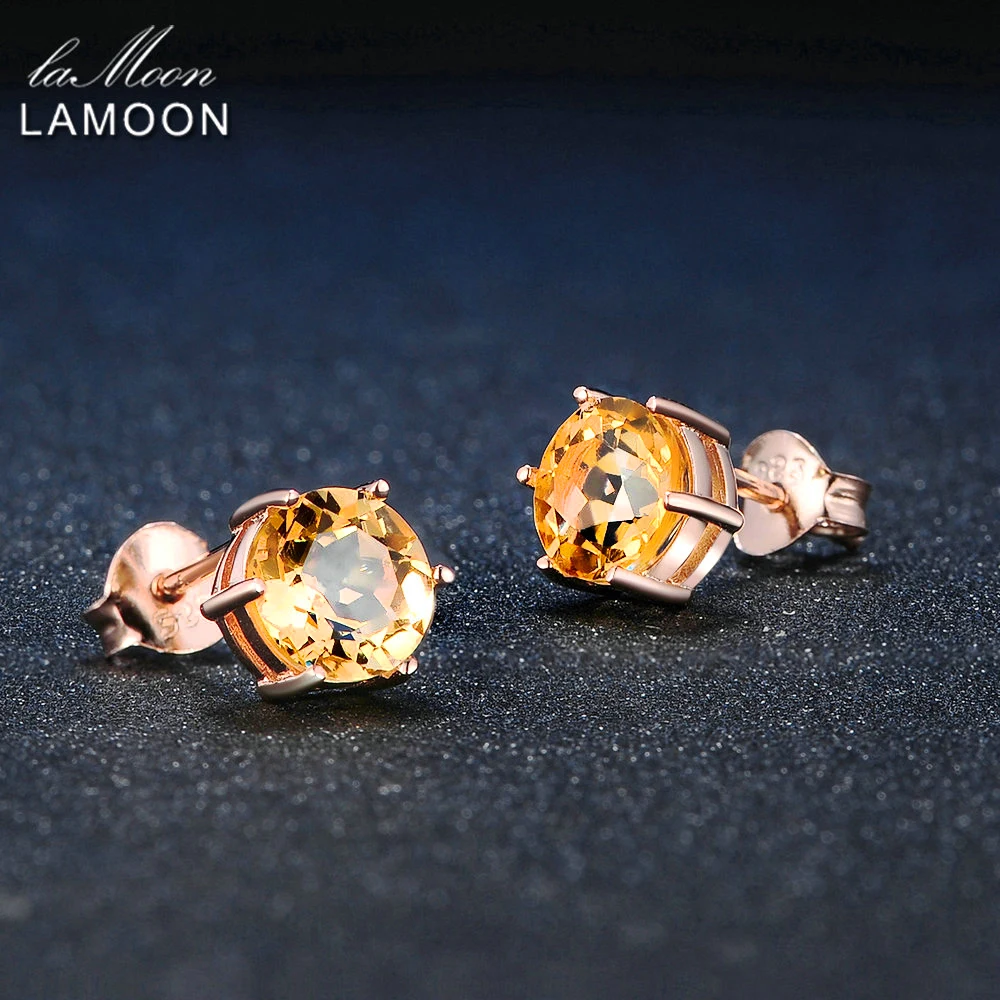 LAMOON 7mm 1.2ct Round Natural Citrine 925 Sterling Silver Simple Stud Earrings Jewelry S925 For Women LMEI027
