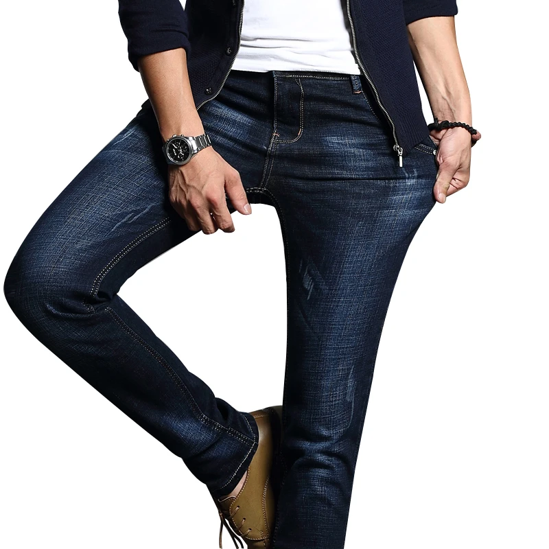 

Brothers Wang Men's Cotton Stretch Jeans Scratch Business Style Straight Trousers Male Brand Slim Denim Pants Dark Blue 28-38