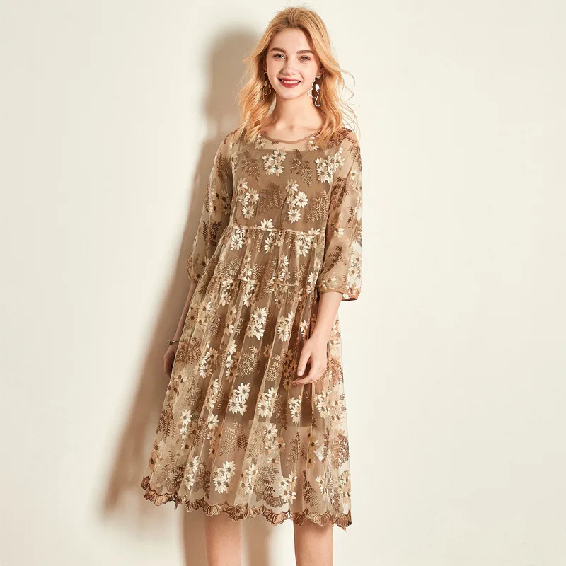

silk dress sunflower 2019 women summer bohemian beach plus size maxi dresses loose long robe sexy organza embroidery retro
