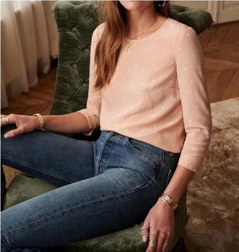 

2019 Women Shirt Blouse Polka Dot Round Neck Silk Top Summer Light Powder Back Small Bag Buckle Long Sleeve Lady Blouses Shirt