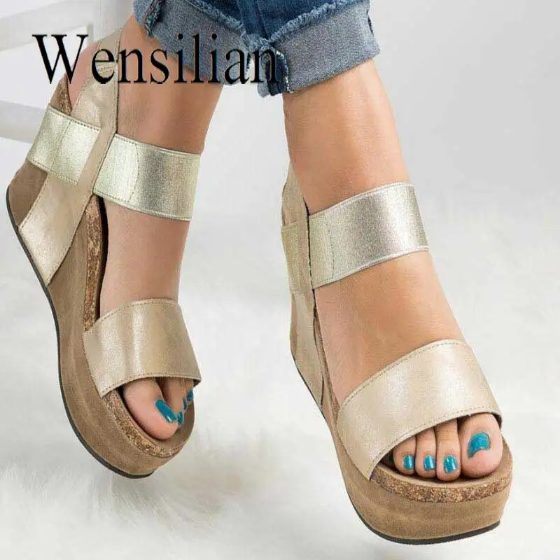 

Big Size Platform Sandals Black Elastic Band Shoes Woman Summer Female Casual High Heels Flats Ladies Sandalia Feminina 2019