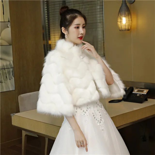 Price JaneVini 2019 Women Evening Bolero Fux Fur Wedding Wrap Shawl Short Fur Shrug Cloak High Neck Beaded Bridal Capes Etole Fourrure