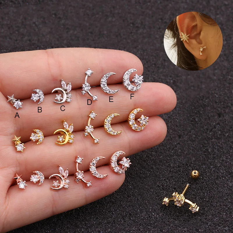 

Feelgood 1pc Cz Moon And Star Cartilage Helix Tragus Conch Rook Ear Piercing Earring 20g Stainless Steel Screw Back Stud