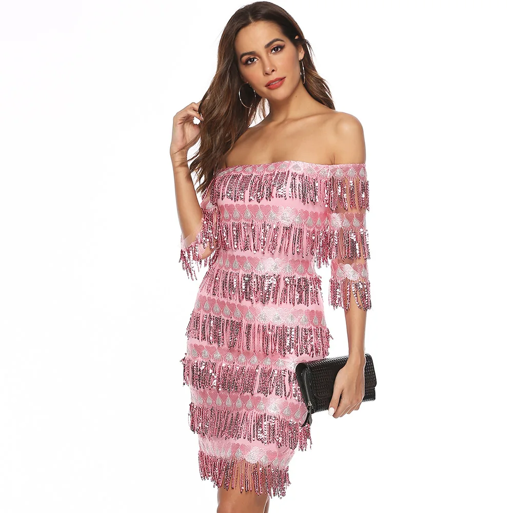 

Hot Sale Fashion Casual Party Dress 2019 Summer Dress Women Sexy Club Body con Sequin Dress pink Vestidos