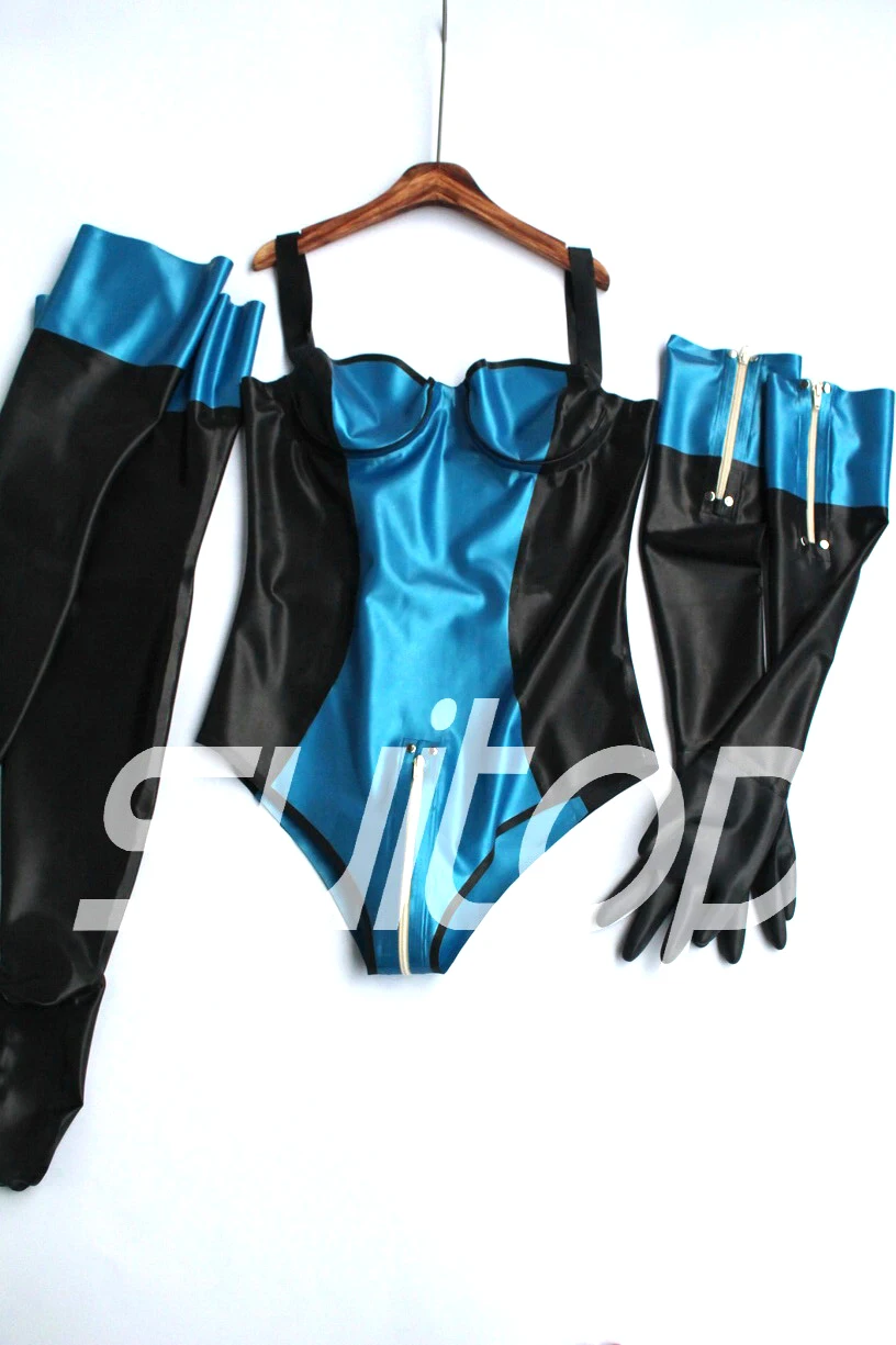 US $145.18 Women s latex sets leotard with gloves and stocking in Metallic blue