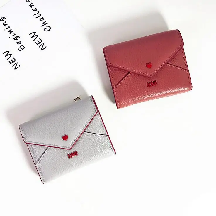 

women litchi cowhide small wallet female foldable card holder love heart mini coin purses for lady luxury genuine leather 2019