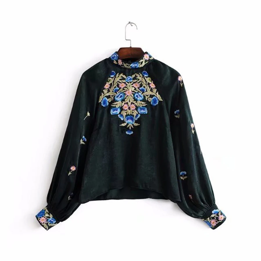 TEELYNN BOHO женские блузки 2018 Цветочная вышивка фонарь длинный рукав атласная блузка