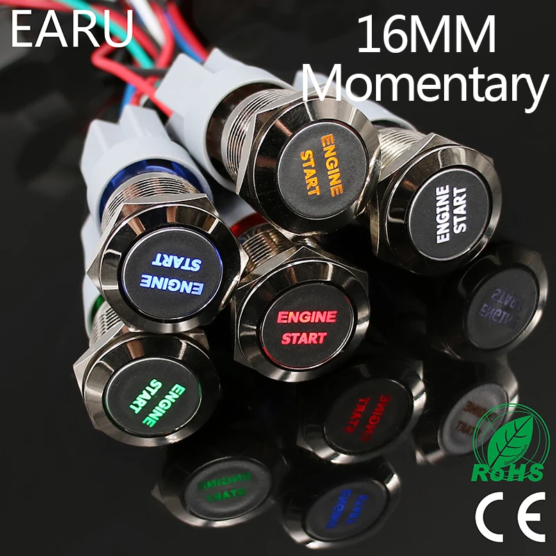 

1pc 16mm Waterproof Stainless Steel Metal LED Momentary Power Push Button Switch Racing Car Auto Motorcycle Engine Start Starter