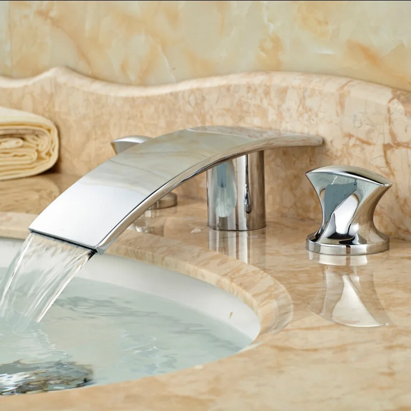 Chrome Brass Dual Handles Hot Cold Wash Basin Sink Faucet Tap Waterfall