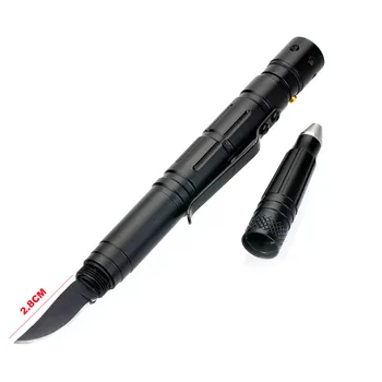 Laix  Self Defense Tactical Pen EDC Tool W/ Tungsten Steel Glass Breaker / Knife Blade LED Flashlight/2 refill 3Batteries -Black
