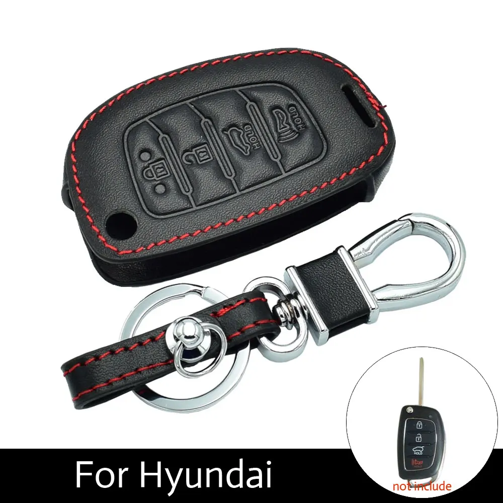 

Real Leather Car Key Case For Hyundai Sonata / Santa Fe / Tuscon 4 Button Folding Remote Fob Cover Keychain Holder Protector Bag