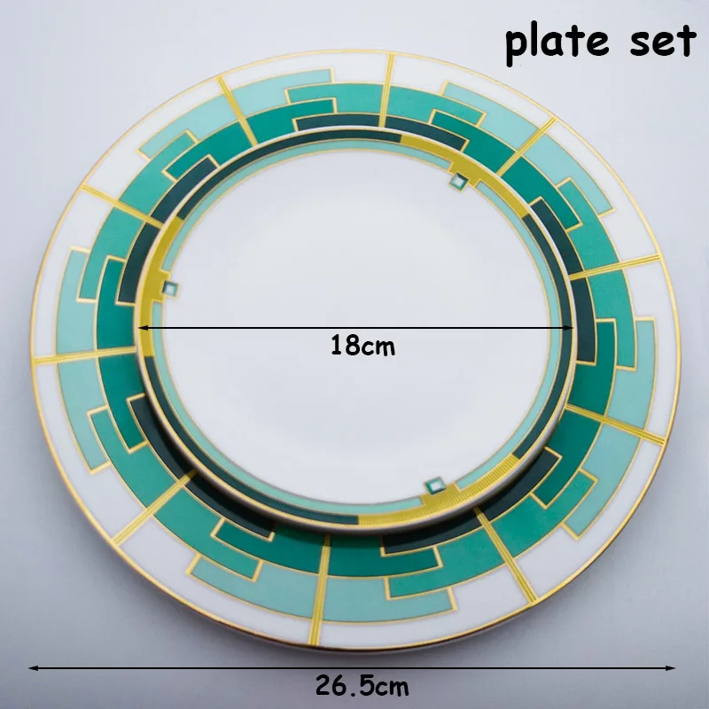 Набор обеденной тарелки с кофейной кружкой, керамические столовые приборы, набор посуды из фарфора, зеленый Шашка, блюдо для стейка, посуда, плоская тарелка, 11 дюймов - Цвет: plate set