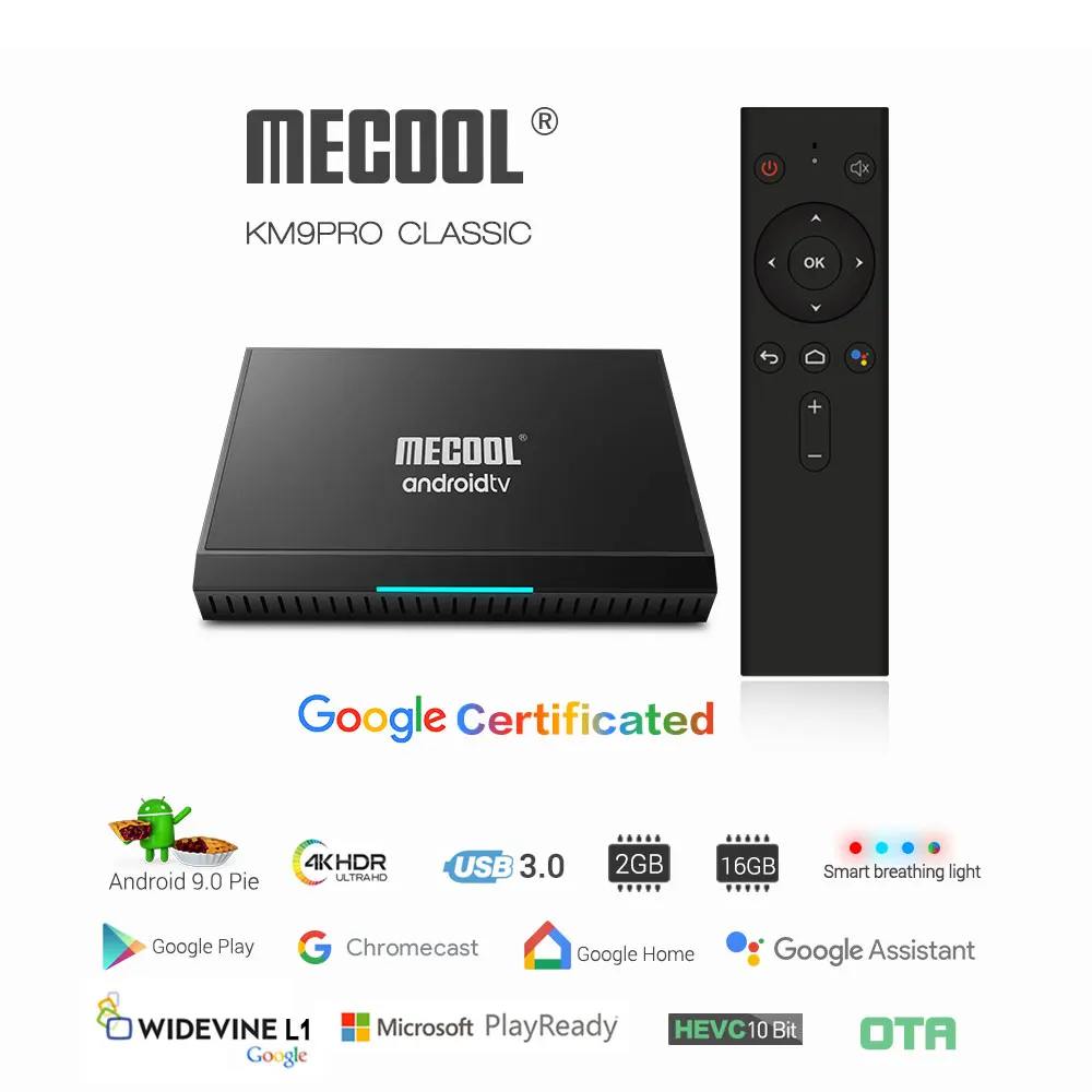 Mecool KM9 Pro Классическая консоль Amlogic S905X2 Android 9,0 2G 16G 4K HDR хромированный литой голосовой контроль Android tv Box умная приставка